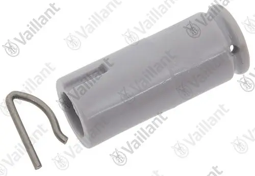 Vaillant Adapter in Grau mit einer dazugehörigen metallenen Sicherungsöse. Anwendungsbereich nicht spezifiziert.
